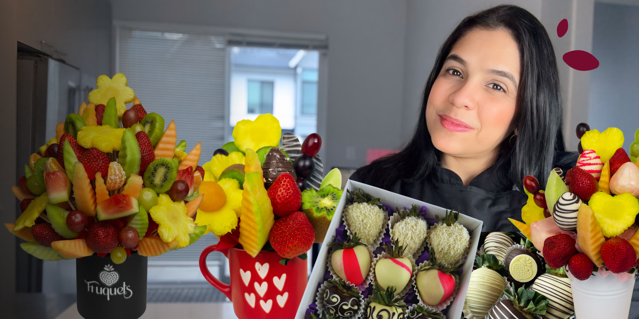 Ana María Cabrera, directora de Fruquets, con sus ramos frutales y fresas con chocolate